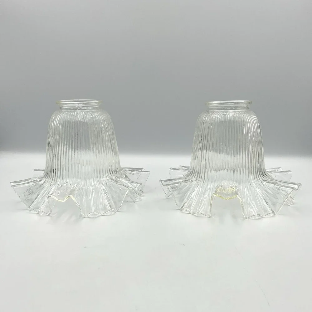 Vintage 1980s Clear Ribbed‎ Glass Lamp Shades Ruffled Edge 2